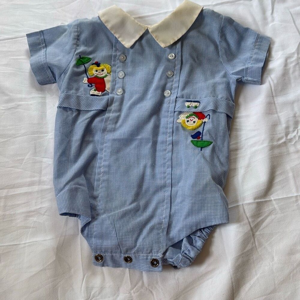 Vintage‎ boys one piece baby outfit size 3-6 months clowns Nannette blue gingham